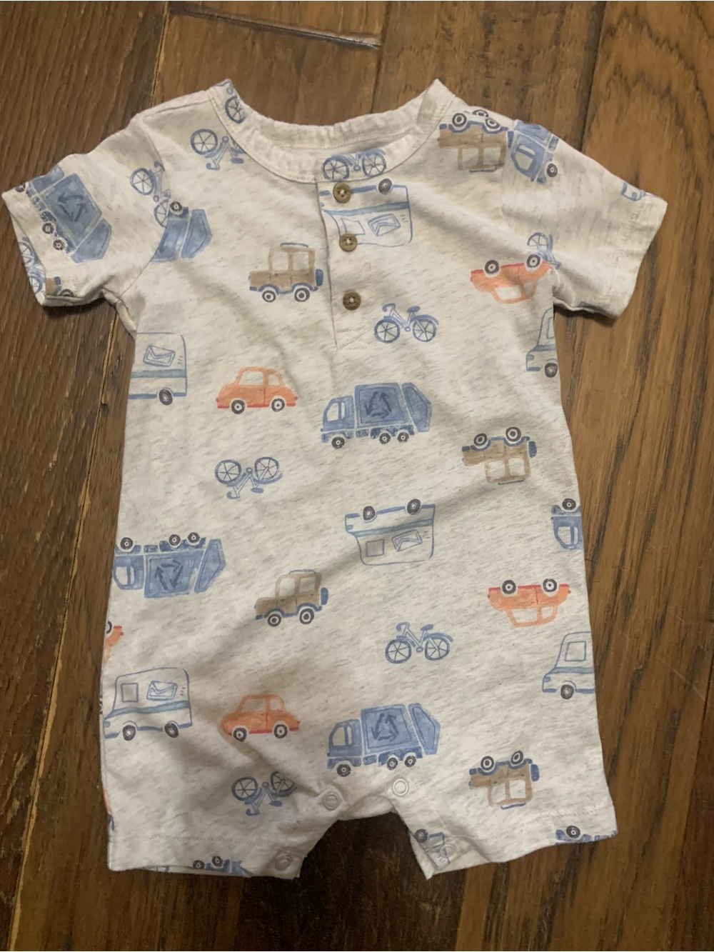 Carter's Heather Gray Short Sleeve Romper with Blue, Orange, & Tan Vehicle Print